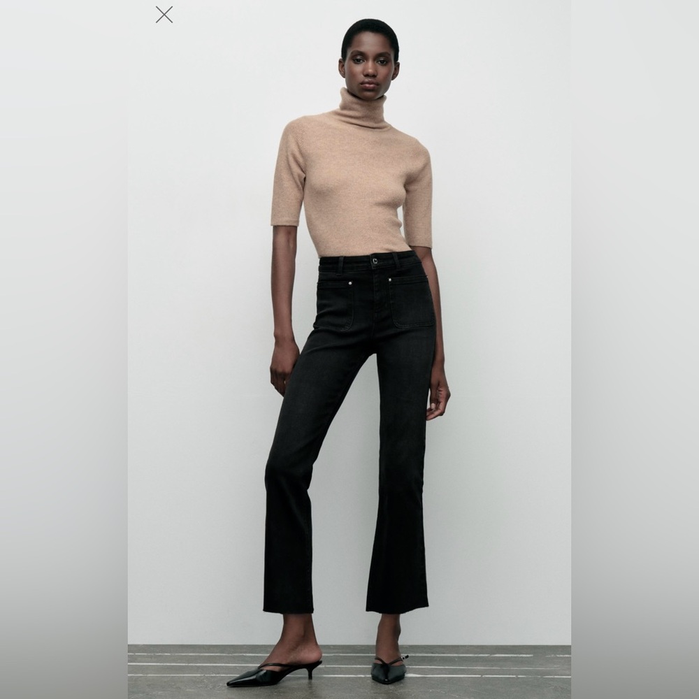 🛍️🎉 ZARA NEW! High Rise Mini Flare Ankle Jeans Black Denim w Stretch Sz4 EU36